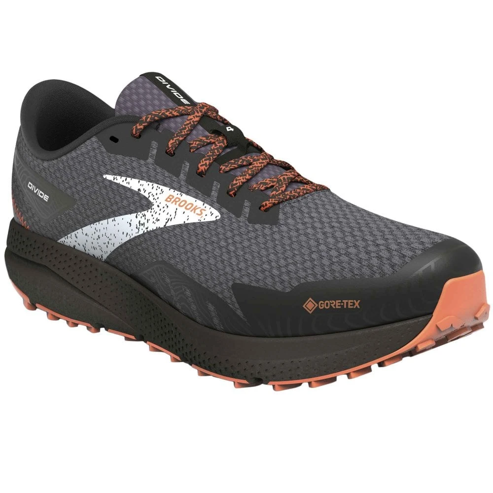 BROOKS Divide 4 GTX Mens Waterproof Trail Running Shoes Black/Firecracker/Blue 3 BROOKS Divide 4 GTX Mens Waterproof Trail Running Shoes Black/Firecracker/Blue